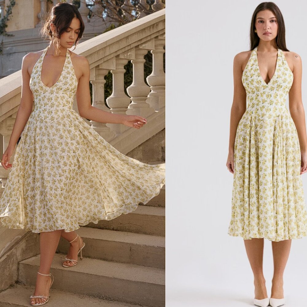 House of CB 'Solada' Ivory Vintage Floral Print Georgette Halter Sundress - Picture 1 of 8